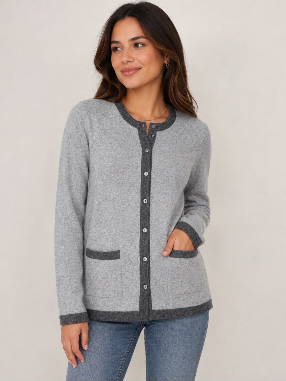 Contrast-Trim Light Gray Button-Front Cardigan